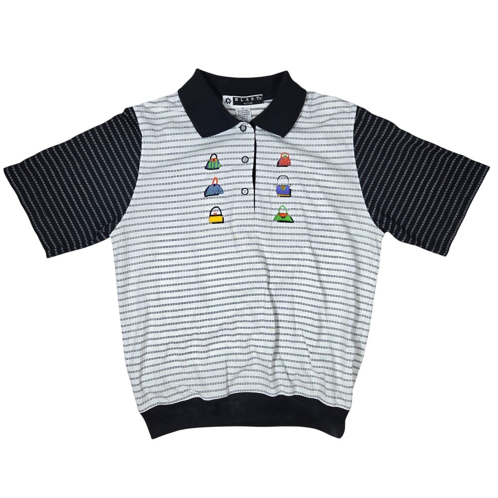 Blast Petites Vintage 90s Striped Polo Shirt‎ Purse Embroidery Black White P